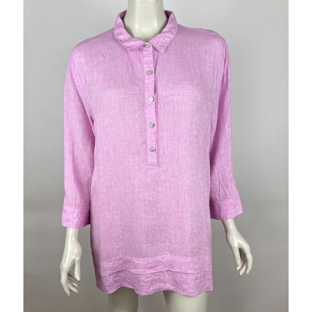 J Jill Linen 3/4 Sleeve Tunic Top Women XL EUC Collared Pullover Blouse Shirt‎